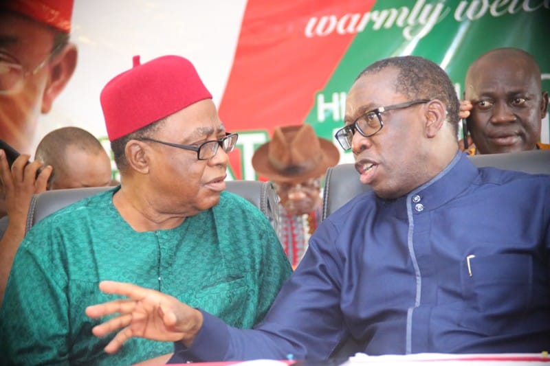 Delta State State Governor, Senator Ifeanyi Okowa (right), and former Deputy Governor, Chief Benjamin Elue, during the Delta North Senatorial District Peoples Democratic Party (PDP) meeting in Agbor, Ika South Local Government Council.