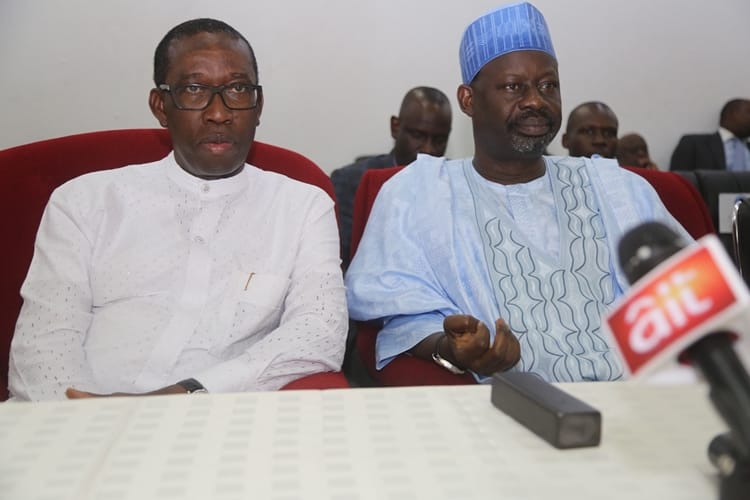 Delta State Governor, Senator Ifeanyi Okowa (left) and the Governor of Gombe State, Ibrahim Dankwanbo, during PDP Stakeholders Meeting, in Government House Asaba.