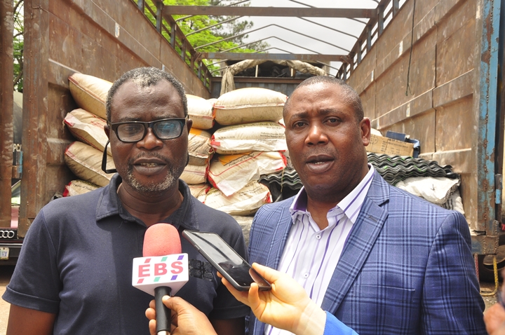 Special Adviser to Edo State Governor on Special Duties, Hon. Yakubu Gowon; Representative of Chairman, Esan West Local Government and Personal Assistant to the Council Chairman, Osborn Elimhele, during the distribution of relief materials by the state government to victims of windstorm in the council, in Benin City, Edo State.