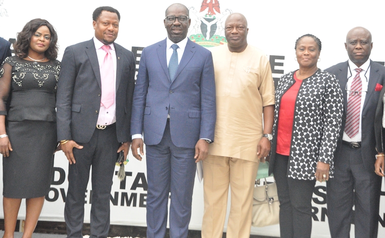 Edo State Governor, Mr. Godwin Obaseki (3rd left); Secretary to the State Government, Osarodion Ogie Esq. (3rd right); Commissioner for Justice and Attorney General, Professor Yinka Omorogbe (2nd right); State Solicitor General, Oluwole Iyamu (right); Chairman, Edo State Branch of the Nigerian Bar Association (NBA), Prince Collins Ogiegbaen (2nd left); and the Vice Chairman, Violet Olumeseh (left), during the courtesy visit by newly elected executives of the NBA, at Government House in Benin City, Edo State.