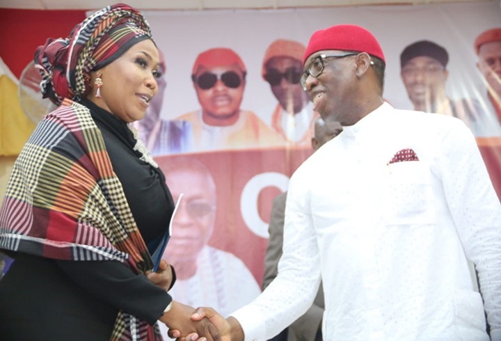 Delta State Governor, Senator Ifeanyi Okowa (right), and the Director General, National Agency for the Prohibition of Traficking in Persons (NAPTIP), Dame Julie Okah-Donli, during the 20th Edition of the Ogwa Ika, Ika National Conference at Agbor Community Hall, Ime-Obi in Ika South LGA.