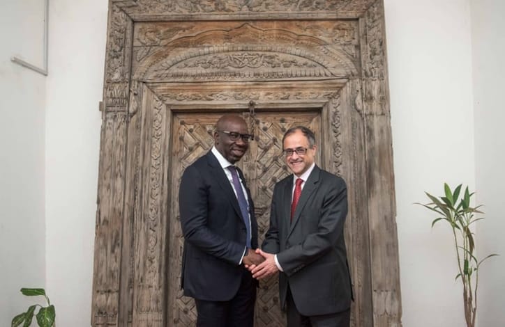 Edo State Governor, Mr. Godwin Obaseki (left); and World Bank Country Director for Nigeria, Rachid Benmessaoud, at a Dinner reception in Abuja.