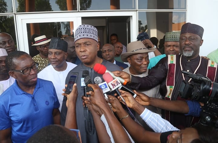 The President of the Nigeria Senate, Bukola Saraki (2nd left); Delta State Governor, Senator Ifeanyi Okowa (left); Senator Dino Melaye (right); Senator Peter Nwaoboshi and Other’s, during a courtesy visit on the Governor, in Government House Asaba.