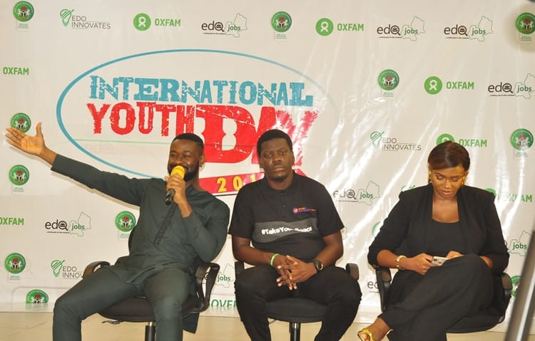 L-R: Music producer, Osabuohien Osaretin, also known as Sarz; beneficiary of EdoJobs, Lucky Idiase; and Aituaje Iruobe, popularly known as Waje, at the Open Space for Youth, organised to mark the 2018 International Youth Day, at the Edo Innovation Hub in Benin City, Edo State.