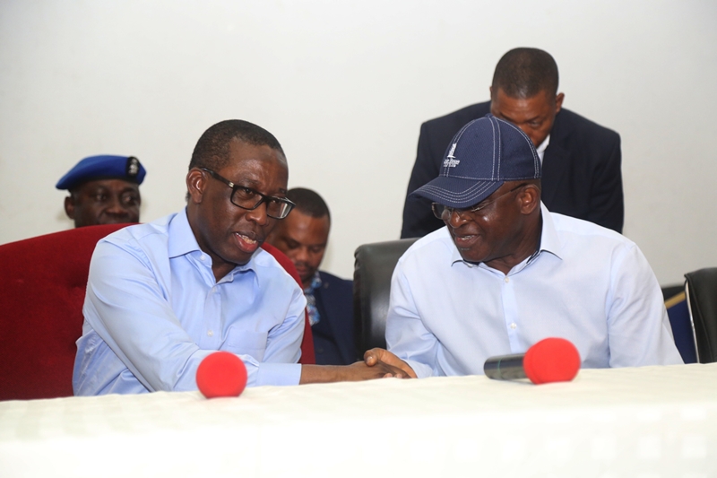 Delta State Governor, Senator Ifeanyi Okowa (left) and Senator David Mark, during a consultation stakeholder meeting between Senator David Mark and Delta State PDP Party members, in Government House Asaba.