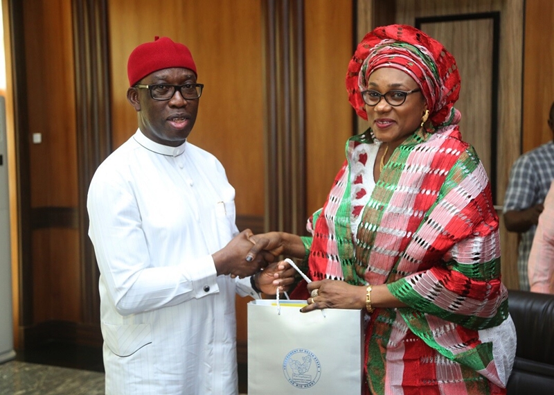 Delta State Governor, Senator Ifeanyi Okowa (left) and PDP National Woman Leader, Hajia Mariya Waziri, during a courtesy call on the Governor, in Government House Asaba.