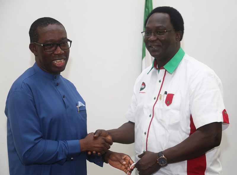 Delta State Governor, Senator Ifeanyi Okowa (left) and the National President of the Nigeria Labour Congress (NLC), Comrade Ayuba Wabba, during a courtesy call on the Governor, in Government House Asaba.