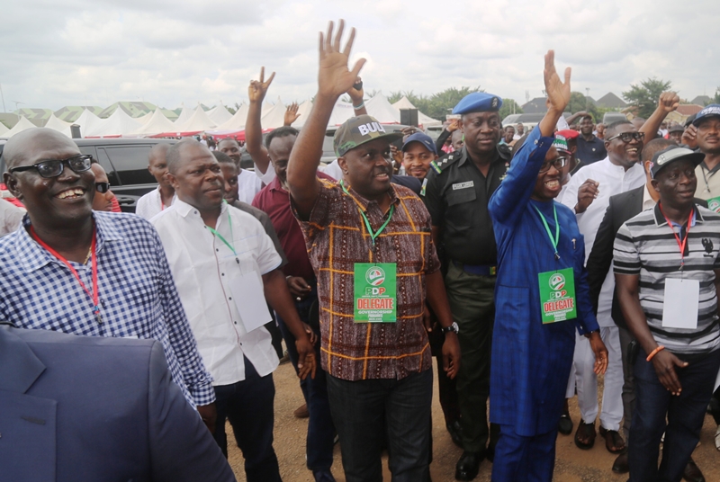 Chief Jame Ibori and Governor Okowa Wave to PDP Faithfuls at the Venue of the 2018 Guber Primary