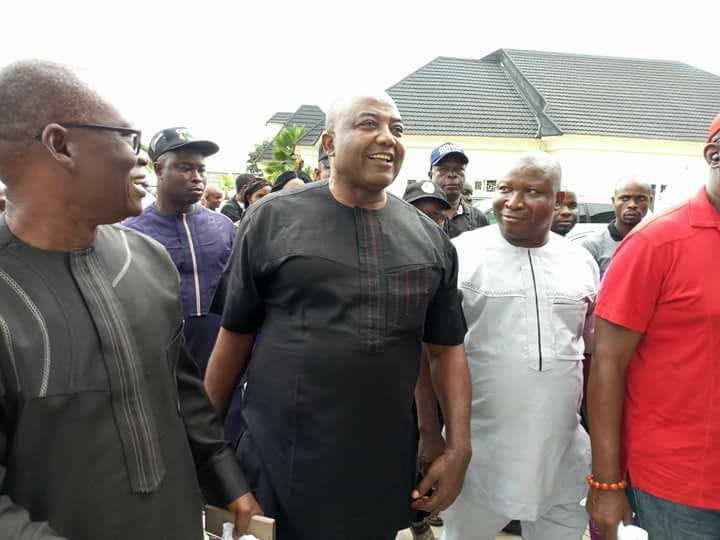 Hon. Leo Ogor, Minority Leader, Federal House of Representatives (Middle) flanked by Isoko PDP Chieftains