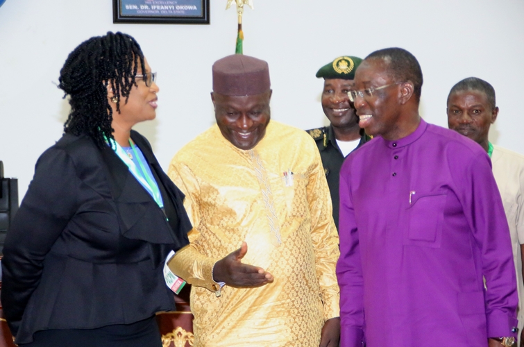 From Right: Delta State Governor, Senator Ifeanyi Okowa, the Vice Chairman, Presidential Advisory Committee on Prerogative of Mercy, Mr Williams Alo, and Mrs Ayoola-Danniels, representing the Attorney General of the Federation, Abubakar Malami, during the Committee’s courtesy call on the Governor in Asaba.