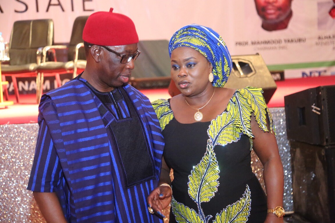 Delta State Governor, Senator Ifeanyi Okowa (left) and President of Nigeria Guild of Editors, Mrs. Funke Egbemode, during the 14th Conference of the Nigerian Guild of Editors, held in Asaba.