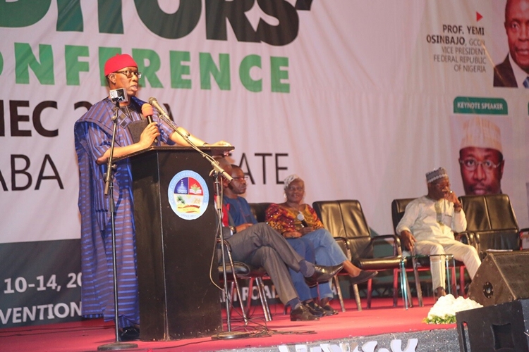 Delta State Governor, Senator Ifeanyi Okowa addressing the 14th Conference of the Nigerian Guild of Editors, held in Asaba.