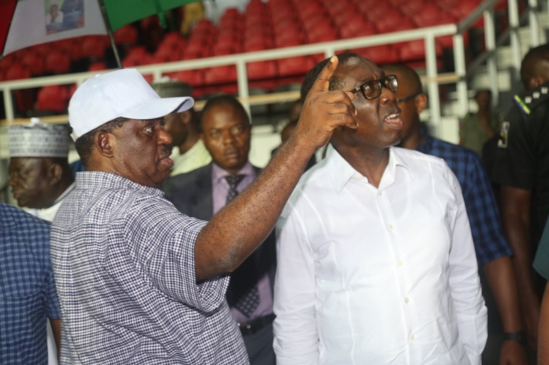 Delta State Governor, Senator Ifeanyi Okowa (right) and former Governor of Kogi State, Idris Wada, Inspecting Adokiye Amasiemeka Stadium in Preparation of PDP Convention, by the Planning Committee Members