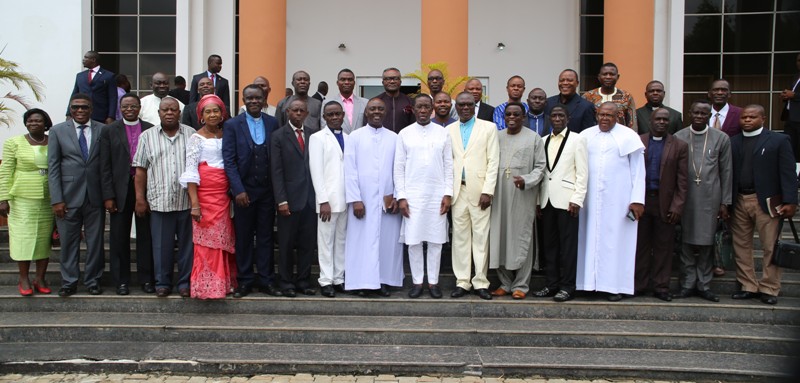 Delta State Governor, Senator Ifeanyi Okowa (8th right), in a group photograph with the new Executives of State Christian Association of Nigeria (CAN) Executive shortly after a courtesy call in Asaba.