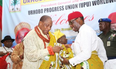 Delta State Governor, Senator Ifeanyi Okowa (right) the President General of Urhobo Progress Union (UPU) Worldwide, Olorogun Moses Taiga, during the 87th Annual National Congress and Awards of Honour/Carnival 2018, Organized by Urhobo Progress Union (UPU) Worldwide.