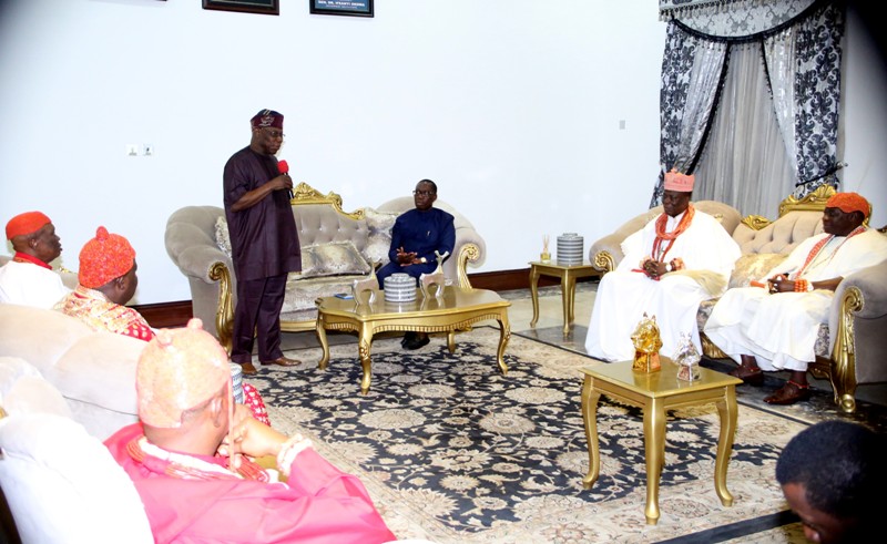 Former President, Chief Olusegun Obasanjo (standing), addressing the Delta State Traditional Rulers Council, while the State Governor, Senator Ifeanyi Okowa (3rd right), during a meeting between the Former President and the State Traditional Rulers Council in Asaba.