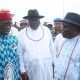 From left; Delta State Governor, Senator Ifeanyi Okowa; former Governor of Delta State, Chief James Ibori and the Immediate Past Governor of Delta State, Dr. Emmanuel Uduaghan, during a day of Tribute, in Hounor of Late High Chief William Ibori, in Oghara Delta State.