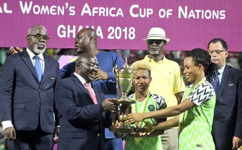 NFF President, Amaju Pinnick (Left) Witness Super Falcons Lift their 9th AWCON Cup in Ghana