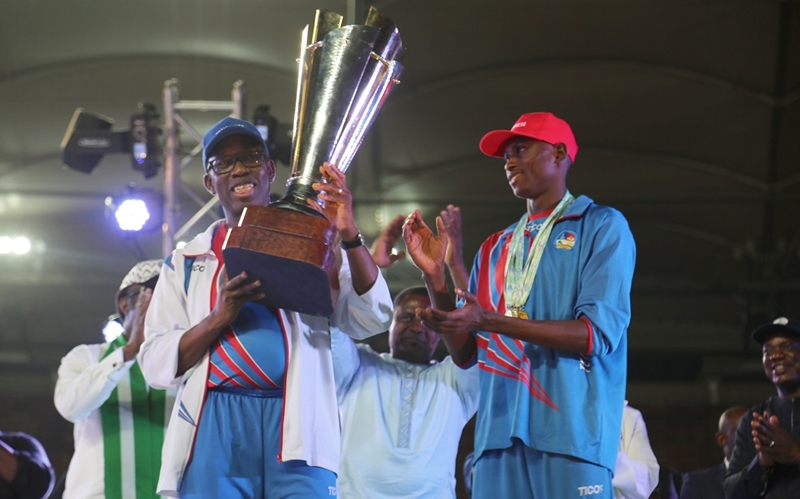 Delta State Governor, Senator Ifeanyi Okowa Lifts the Trophy Won by Team Delta at the 2018, 19th National Sport Festival held in Abuja
