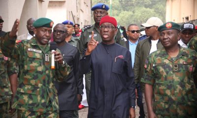 Delta State Governor, Senator Ifeanyi Okowa (middle), General Officer Commanding 6 Division Nigerian Army/Land Component Commander JTF, Major General Jamil Sarham, representing the Chief of Army Staff (right), the Speaker of the State House of Assembly, Rt Hon Sheriff Oborevwori (behind), Acting Commander 63 Brigade, MHB Mamu (left), during the inauguration of 63 Brigade, Nigerian Army in Asaba. PIX: BRIPIN ENARUSAI