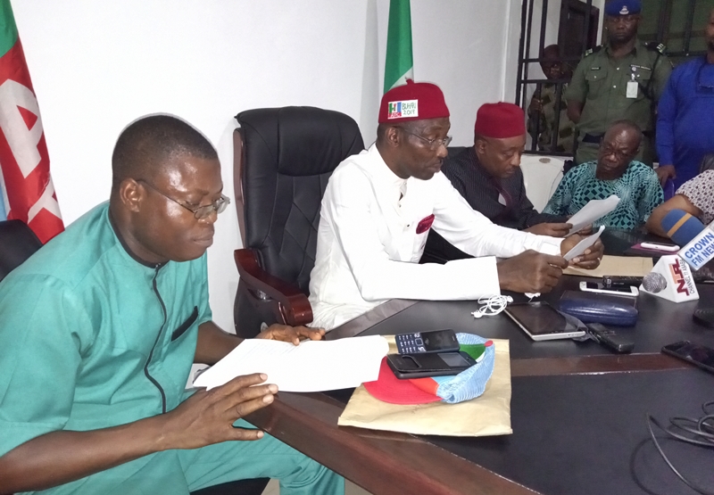 Dr Cairo Ojougboh, Spokes Person, APC Presidential Campaign Committee, Delta State (Middle) Flanked by Iyke Odikpo (Right) and Sylvester Imonina (Left)During a Press Conference in Asaba