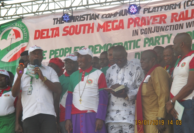 (L-R)Delta State Christian Community Platform Leaders; Rev. Dr. Cyril Okonye, President, CCP Delta State, Bishop Greatman Nmalagu, BOT Chairman CCP, and Executive Assistant to Delta State Governor on Religious Matters, Senior Apostle Sylvanus Okorote, Delta State CAN President at the Mega Rally