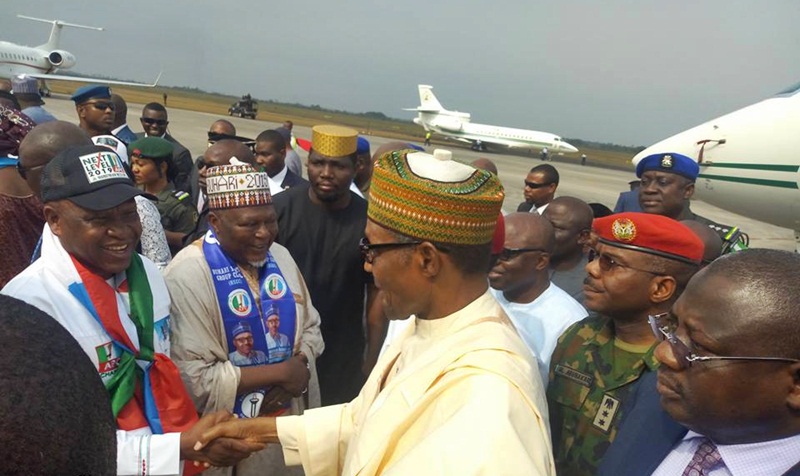 Olorogun O'tega Emerhor, Leader, Mainstream Delta APC Welcoming President Muhammadu Buhari to Delta State during the APC 2019 Presidential Campaign in Warri, Delta State