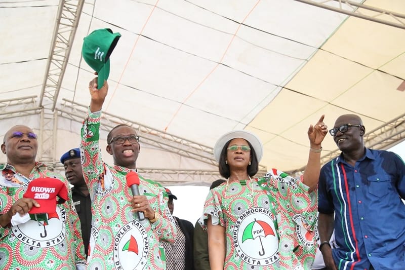 Delta State Governor, Senator Ifeanyi Okowa (2nd left); his wife, Dame Edith (2nd right); Delta State Deputy Governor, Barr. Kingsley Otuaro (left) and State PDP Chairman, Barr. Kingsley Esiso, during Delta State PDP Governorship Campaign Ika South.