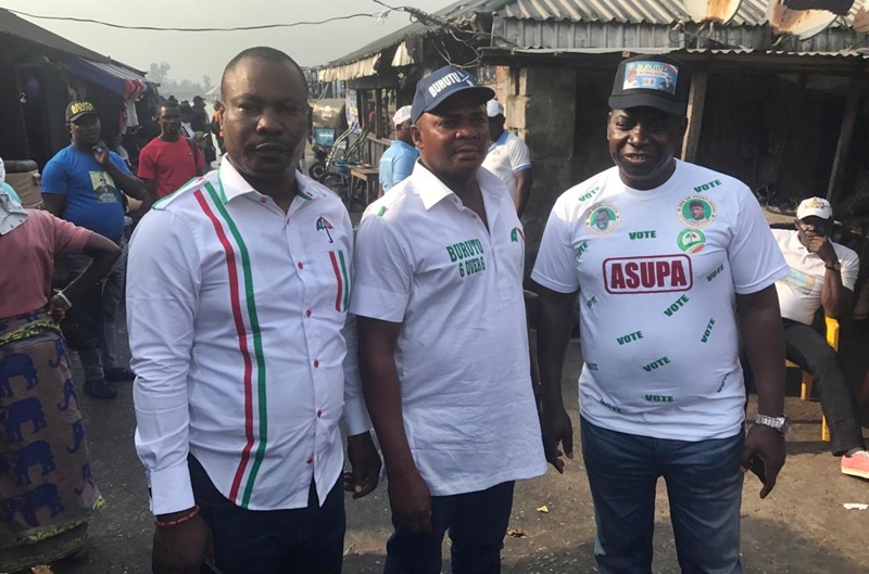 The Delta State Commissioner for Urban Renewal and Coordinator, 2019 PDP Campaigns in Burutu local government area, Chief Julius Takeme (right), the candidates for Burutu North and South Constituencies, Delta State House of Assembly contest, Chief Asupa Forteta and Mr. Pullah Ekpotuayerin, during PDP ward to ward, community to community campaign in Burutu council area.