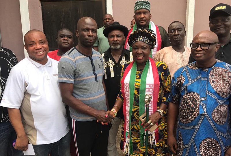 Hon Pat Ajudua, Member Representing Oshimili North Constituency and Chief Whip of the House in handshake with Delta State Chairman, Coalition of United Political Parties, CUPP and Senior Special Assistant to the Governor on Inter Parties Relations, Chief Josiah Efetobor flanked by other political parties Chairmen after her endorsement as the sloe candidate for Oshimili North Constituency seat in coming Saturday's election.