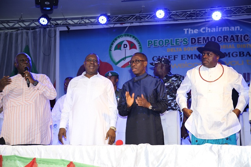 Delta State Governor, Senator Ifeanyi Okowa (2nd right); former Governor of Delta State, Chief James Ibori (right); Delta State Deputy Governor, Barr. Kingsley Otuaro (2nd left) and PDP National Vice Chairman, South-South Zone, Sir Emma Ogidi, during Delta South PDP Senatorial Meeting, held in Warri