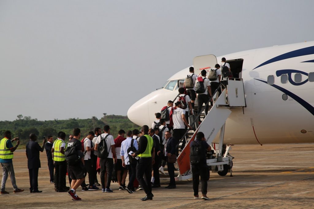 Photographs shows Egyptian Football Team Boarding EgyptAir from Asaba International Airport back to Egypt.