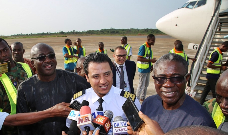 Delta State Commissioner for Information, Mr. Patrick Ukah (left); Airport Manager, Mr. Austine Ayemidejor (right) and Captain Ramy Mansour, during the Boarding of Egyptian Football Team from Asaba International Airport back to Egypt.