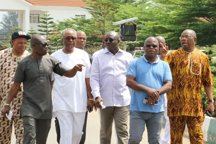 From left: Former Secretary to Delta State Government, Comrade Macaulay Ovuozourie, Chief Lawrence Oshegbu, Delta Information Commissioner, Mr Patrick Ukah, Chief Solomon Ogba and Chief Ighoyota Amori after the victory part in Delta State Government House Chapel.
