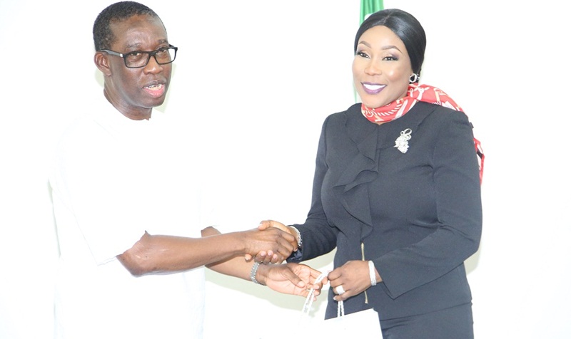 Delta State Governor, Senator Ifeanyi Okowa (left) and the Director General of NAPTIP, Dame Julie Okah-Donli, during a courtesy call on the governor, in government house Asaba.
