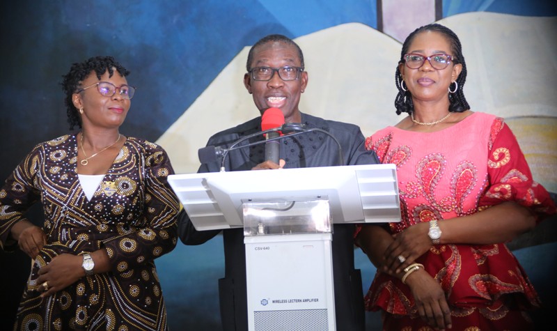 Delta State Governor, Senator Ifeanyi Okowa (middle), his wife, Dame Edith (right), and the wife the Deputy Governor, Dr Ebierin Otuaro (left), during a victory thanksgiving service, shortly after being declared the winner of the just concluded State Governorship election in Asaba.