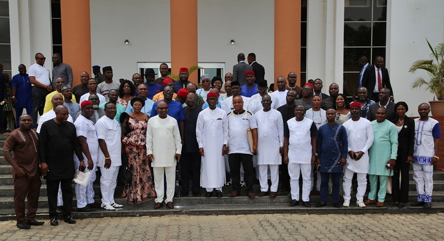 Governor Ifeanyi Okowa flanked by Gubernatorial Candidates of Various Parties that Contested the 2019 Governorship Election in Delta State during a Congratulatory Visit on the Governor at Government House, Asaba