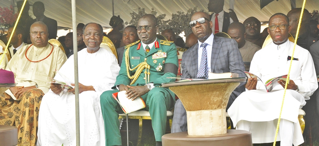 L-R: Former Delta State Governor, Chief James Ibori; Former Head of State, Gen Yakubu Gowon (Rtd); Chief of Army Staff, Lt. Gen. Tukur Buratai; Edo State Governor, Mr. Godwin Obaseki and Delta State Governor, Sen. Ifeanyi Okowa, at the funeral service in honour of former Military Administrator of the defunct Mid-West region (now Edo and Delta States), late Maj. Gen. David Ejoor (Rtd.), on Friday, May 3, 2019, in Ughelli, Delta State.