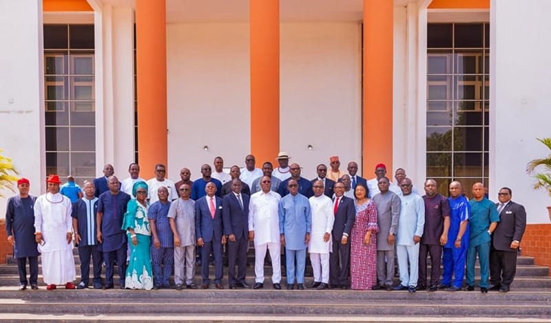 Delta State Governor, Senator Ifeanyi Okowa flnked by Memebrs of the State Executive Council after 2015-2019 Valedictory session in Government House Asaba.