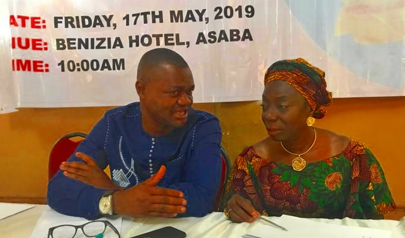 L-R: Delta State Commissioner, Ministry of Oil and Gas, Mr Freeman Fregene and the Permanent Secretary in the Ministry, Mrs Nkem Ajufo during a Consultative Stakeholders Forum of Oil and Gas Host Communities for Delta North Senatorial District in Asaba
