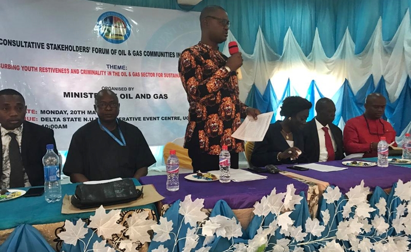 Hon Freeman Fregene speaking at a Consultative Stakeholders Forum with Oil and Gas producing communities in Delta central.