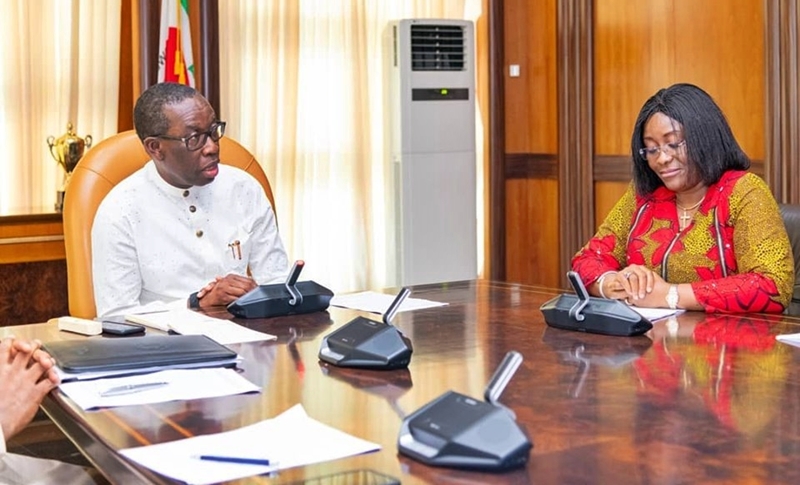 Delta State Governor, Senator Ifeanyi Okowa (left) and Dr. Evelyn Ngige, during a visit on the Governor, by the Replacement Campaign and Other Malaria Interventions, in Government House Asaba.
