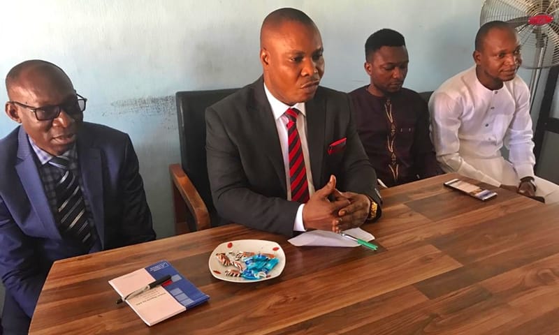 The outgoing Commissioner, Ministry of Urban Renewal, Chief Julius Takeme (2nd left), Permanent Secretary in the ministry, Mr. David Onekpa (left) Comrade Timi Bougha and Comrade Collins Enekorogha, Special Assistant 1 and 2 to the Commissioner during the Commissioner's meeting with management and staff of the ministry ahead of the handover ceremony.