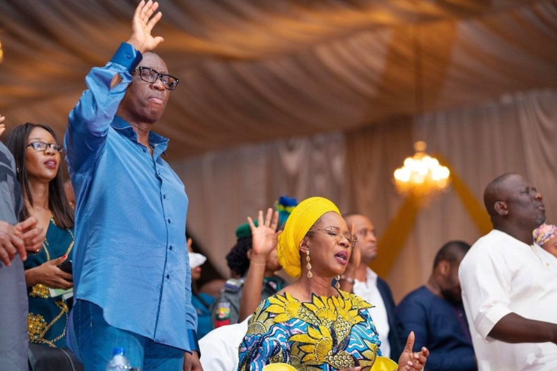 Governor Ifeanyi Okowa and Wife, Dame Edith Okowa during Praise and Worship Service to mark his Second Term Inauguration