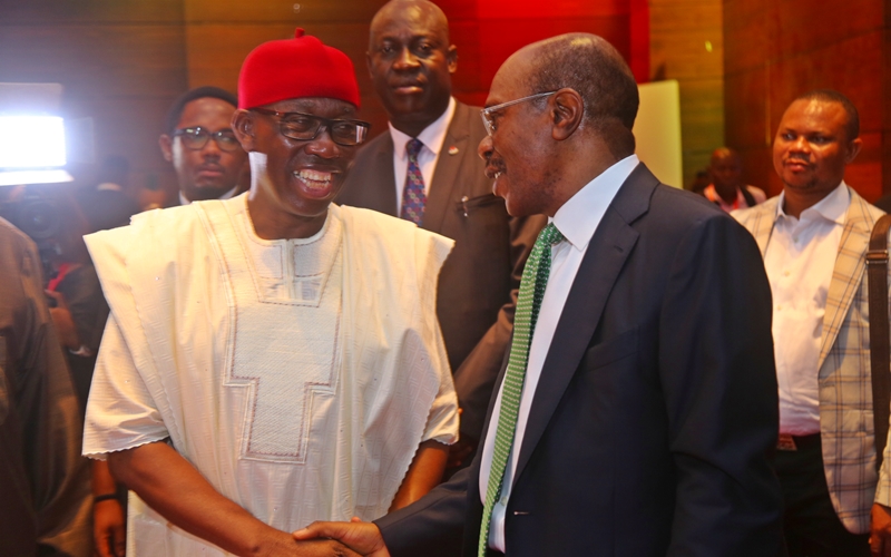 Delta State Governor, Senator Ifeanyi Okowa (left) and Governor of Central Bank of Nigeria, Mr. Godwin Emefiele, during the Book Launch African Arise and Shine, at Eko Hotel, Lagos State on September 17, 2018