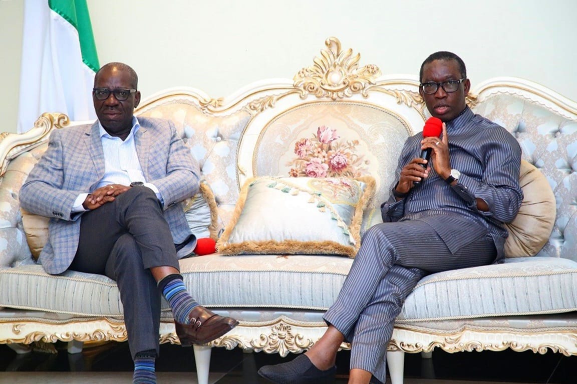Delta state Governor, Senator Ifeanyi Okowa (right) and the Governor of Edo State, Godwin Obaseki, during the visit of Governor Obaseki, in Government House Asaba, Delta State.