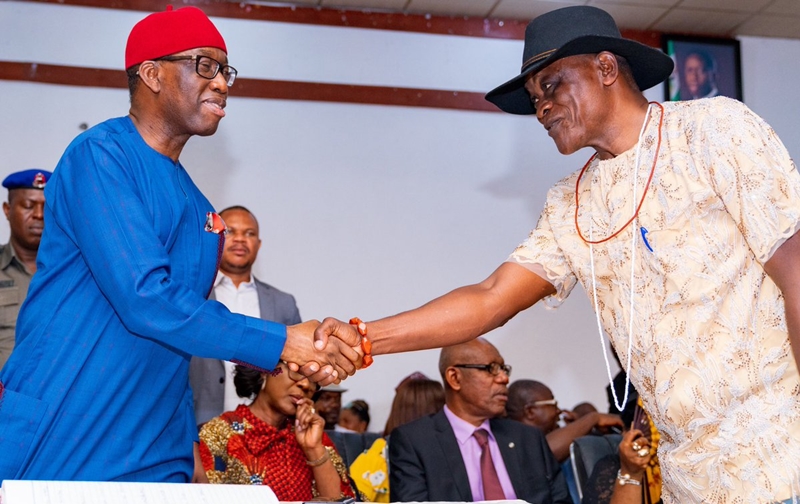 Delta state Governor, Senator Ifeanyi Okowa (left); congratulating Prof. Patrick Muoboghare, after been sworn-in as Commissioner to the Governor, in Government House Asaba, on July 3, 2019