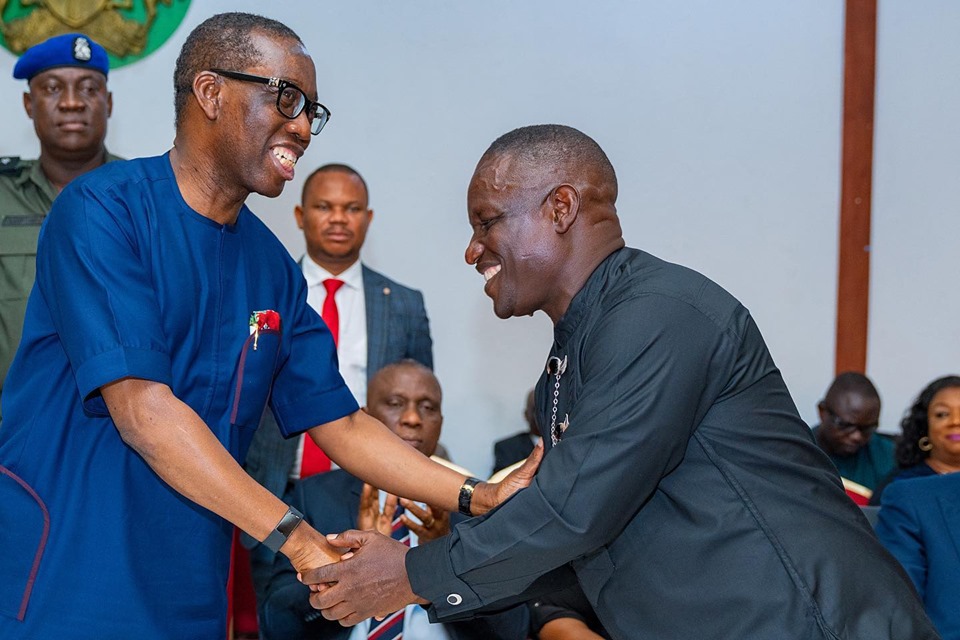 Delta State Governor, Dr. Ifeanyi Okowa Congratulating Hon Daniel Yingi after being Sworn-in as Special Adviser