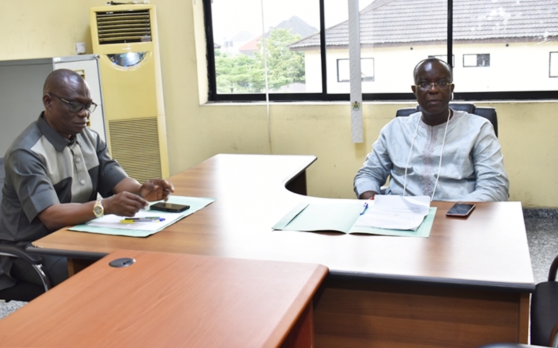Chairman, Warri, Uvwie and Environs Special Area Development Agency (WUEDA) Dr. Joseph Otumara (right) and the Director General WUEDA, Chief Ovuozourie Macaulay during their inaugural meeting in Government House Annex, Warri.