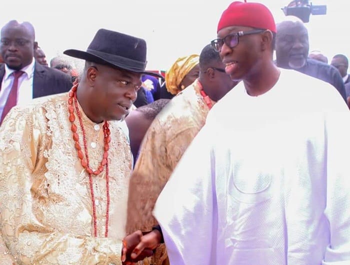 (L-R) Chief Ejiro Nomuoja Esq, welcoming Delta State Governor, Dr Ifeanyi Okowa to the burial of Late Hon (Chief) Mrs Lyn Ivie Owhojeheri JP at Orherhe town in Agbarho Ughelli North LGA